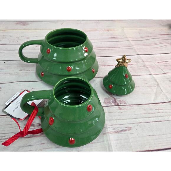 Hallmark Christmas Tree Stacking Mugs Set w Star Topper Lid Green Gold Holiday - Picture 4 of 6